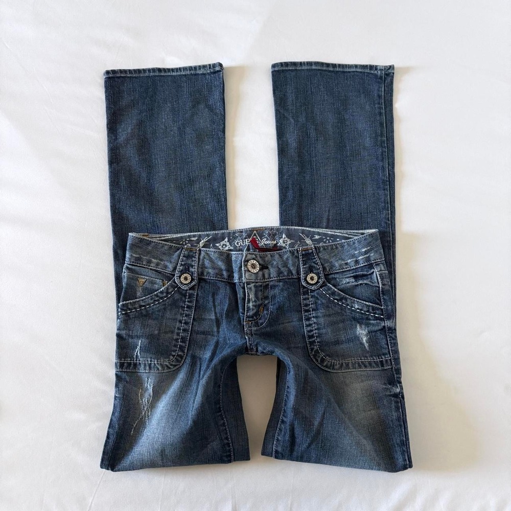 Guess Daredevil Bootcut Jeans Women 28 Blue Low Rise Flap Pocket Y2K Denim